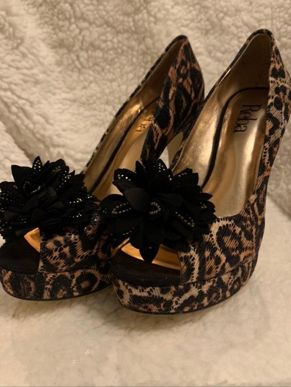 Reba Leopard Print Peep-Toe Pumps with Black Floral Embellishment